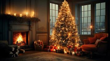 Elegant Christmas Tree Aglow. Candles Illuminate the Festive Interior. Generative AI photo