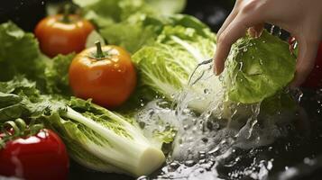 el detallado proceso de Lavado vegetales a el hundir, asegurando cada mordedura es gratis desde contaminantes y lleno de sabor. generativo ai foto