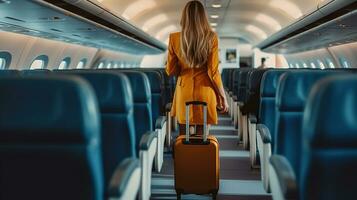 Air Hostess Moving Between Seat Rows With her Suitcase. Generative AI photo