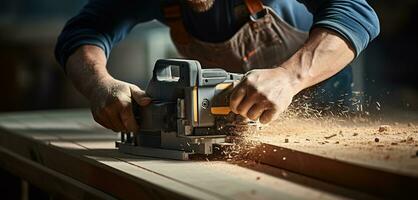 Carpenter working with electric planer on wooden plank in workshop. Generative AI photo