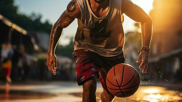 calle pelota sinfonía. un baloncesto del jugador regate deleitar. generativo ai foto