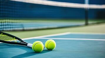tenis raqueta y pelotas en el blanco línea. generativo ai foto