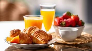 Mañana elegancia - un encantador desayuno untado de jugo, cruasanes, y mermelada. generativo ai foto