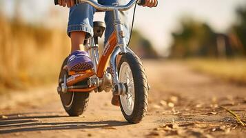 alegre viajes niños en el moverse con su bicicletas generativo ai foto