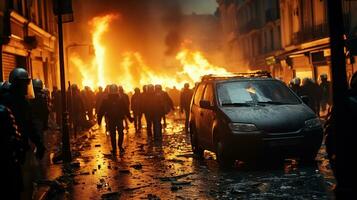 un documental de agitación, fuego, y confrontación. especial fuerza policía con equipo atrapando manifestantes generativo ai foto