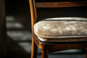 Clásico silla detalle con un tela asiento y de madera pararse. generativo ai foto