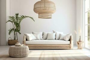 Living room in nordic minimalist bohemian style. Rattan chandelier, white sofa and small table. Generative AI photo