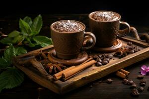 Two cups of hot cocoa on a wooden tray. Organic healthy chocolate drink prepared from cocoa beans. Generative AI photo