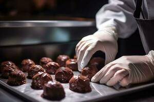 Pastry chef in a gloves makes delicious chocolate candies. Generative AI photo