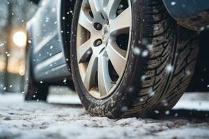 Car tires in winter on the road covered with snow. Generative AI photo