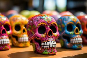 Colorful traditional mexican ceramic skulls. Generative AI photo