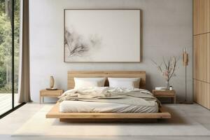 A bedroom in scandinavian style. Double bed with pillows and soft blanket, furniture on wooden floor. Generative AI photo