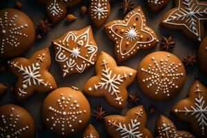 Gingerbread cookie pattern with icing details. Generative AI photo