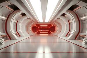 A hallway in a futuristic spaceship. Corridor inside space station. Generative AI photo