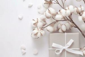 Silver gifts boxes on white background with flowers cotton branches. Generative AI photo