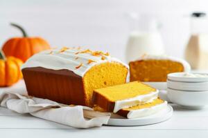 Pumpkin homemade pound cake. Loaf with icing on bright background. Generative AI photo