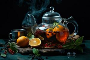 Fruit tea with berries in glass teapot. Generative AI photo