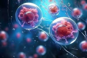Human cell or Embryonic stem cell, microscope background. Generative AI photo