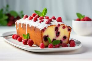 Sliced berry cake with icing and fresh berries on top on a wooden board. Generative AI photo