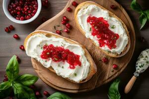 Bruschetta with raspberry jam and camembert on wooden cutting board. Top view. Generative AI photo