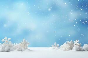 Winter blue snowy background with beautiful light and snowflakes. Generative AI photo