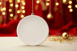 Blank empty white glossy ceramic circle tied with a metallic golden string over a red background and christmas lights. Generative AI photo