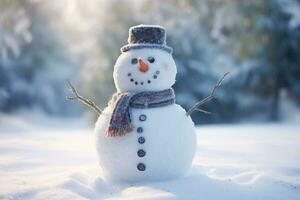 Happy snowman standing in winter christmas landscape. Generative AI photo