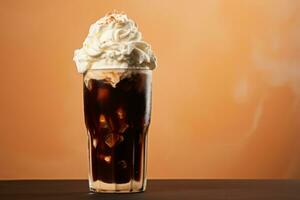 Cold root beer float with vanilla ice cream on an orange background. Generative AI photo