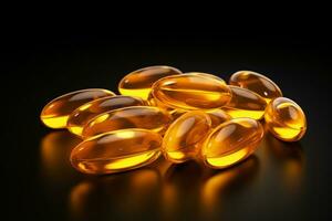 Medical pill capsules. Medicine, healthcare or pharmacy concept. Capsules Omega 3 on dark background. Generative AI photo