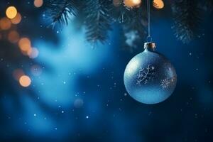 Christmas ball nangs on fir branch with bokeh lights on blue abstract background . Generative AI photo