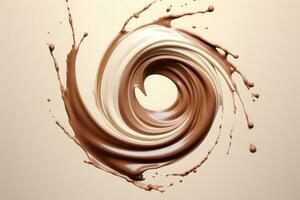 Chocolate milk swirl splash. Melted chocolate surface whirlwind. Generative AI photo