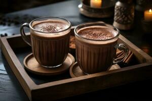 Two cups of hot cocoa on a wooden tray. Organic healthy chocolate drink prepared from cocoa beans. Generative AI photo