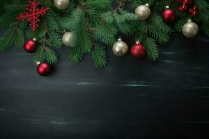 verde abeto árbol rama, cuales es decorado con rojo Navidad pelotas y otro decoración. generativo ai foto