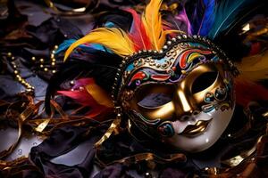 Carnival mask. Streamers and confetti on colorful background. Carnival masquerade fantasy costume ball. Generative AI photo