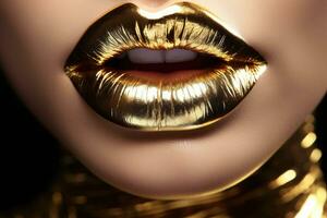 Closeup of golden lipstick. Makeup with metal gold lips. Generative AI illustration photo