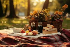 Cozy autumn picnic in the park with sandwiches and a plaid blanket. Generative AI photo