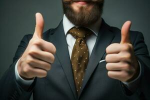 Handsome businessman celebrating success with thumbs up. Generative AI photo