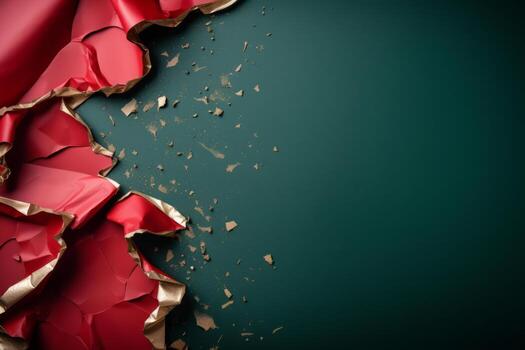 Torn Christmas wrapping paper frame. Generative AI photo