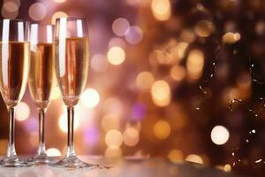 New year's eve celebration background with champagne. Pink bokeh. Generative AI photo