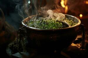 Bubbling cauldron in a dark witchs lair. AI generated photo