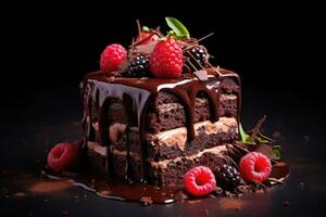 Delicious chocolate cake decorated with fresh berries on dark background. Generative AI photo