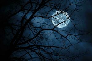 Night dark sky with full moon and branches. Tree branches in the moonlight on a dark background. Generative AI photo