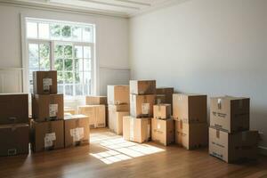 Moving in. Stack of cardboard boxes in the empty room. Generative AI photo