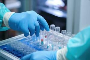 Man, who wears surgical gloves, places the sample into antigen diagnostic test device. Generative AI photo