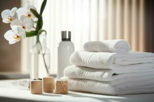 Towels with beauty treatment items setting in spa center in white room. Generative AI photo