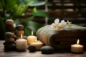 Massage stones with towels and candles in natural background. SPA concept. Generative AI photo