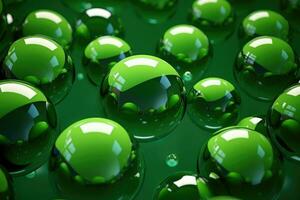 Shiny balls in different sizes on green background. Abstract glossy bubbles. Composition with chaotic floating spheres. Generative AI photo