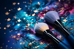 Cosmetic makeup brushes with glitter confetti in the form of stars. Generative AI photo