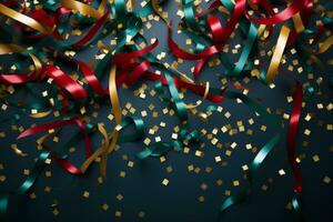 Colorful confetti and colored twirled serpentine in a greeting card and party invitation template . Generative AI photo
