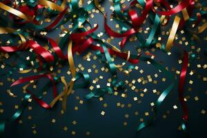 Colorful confetti and colored twirled serpentine in a greeting card and party invitation template . Generative AI photo